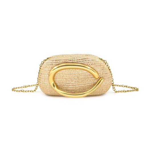 BC Gold Handle Raffia Clutch